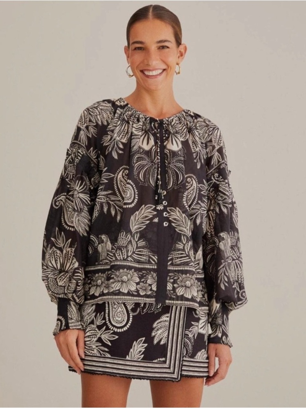 FARM Rio Black and White Paisley Floral Peasant Blouse